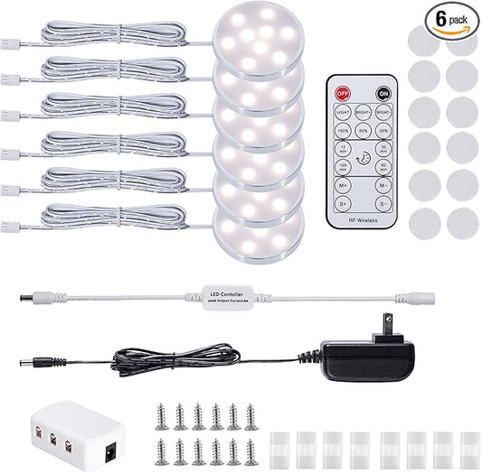LED Dimmable Under Cabinet Lighting Kit,12V 6 Pack Wired Puck Lights with Remote Control, Plug in Under Counter Lighting Fixtures for Kitchen,Bookcase,Showcase,Shelf (Natural White)