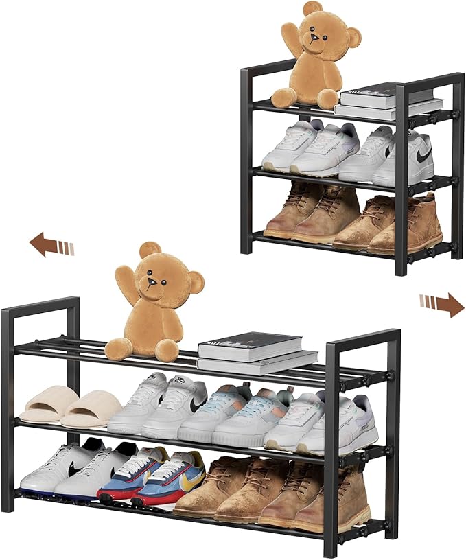 3-Tier Expandable Shoe Rack, Adjustable Shoe Shelf Storage Organizer Heavy Duty Metal Free Standing Shoe Rack for Entryway Closet Doorway (Black)
