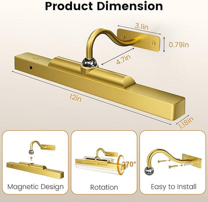 Picture Frame Light, 12" Rechargeable Wireless Battery Powered Lighting, Dimmable LED with Remote 3CCT for Wall Art Gallery Display (Gold)
