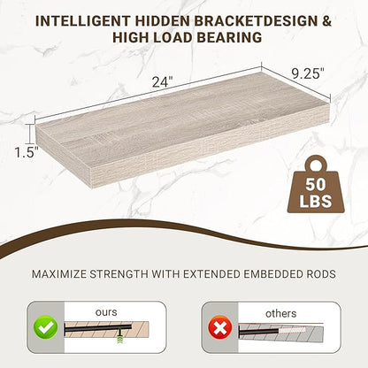 24 Inch Floating Shelves, 3D Textured Wood Grain, 24"x9.25"x1.5" Inch Deep Floating Shelves for Wall, Wooden Shelves for Bathroom, Bedroom, Living Room, Vintage White Oak, 2 Pieces