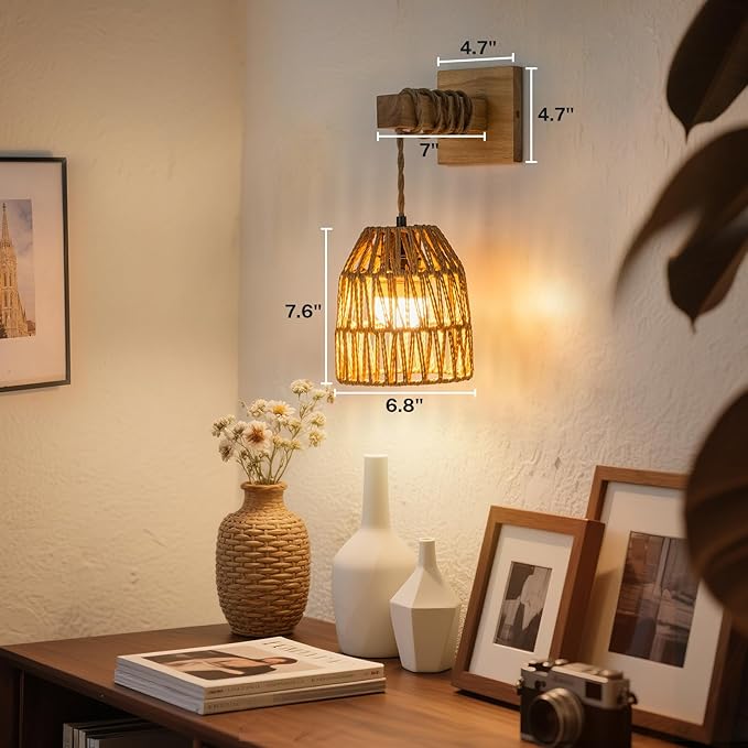 Rattan Wall Sconce, Battery Operated Wall Sconce, Rechargeable Sconces Set of 2 with 13000mAh Bulbs, Boho Wireless Battery Powered Lamp/Lights for Bedroom (Wood)