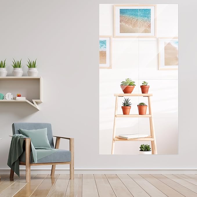 F2C Frameless Full Length Glass Flat Wall Mirror Tiles, 14'' x 14'' x 8PCS Set, Square Large Body Wall Mirror for Home, Living Room, Bathroom, Gym, Door