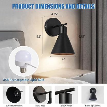 Modern Wireless Battery Operated Wall Sconces, Black Rechargeable Cordless LED Wall Lights Set of Two, Dimmable Battery Powered Wall Decor Lamp Fixture with Remote Control for Bedroom Indoor
