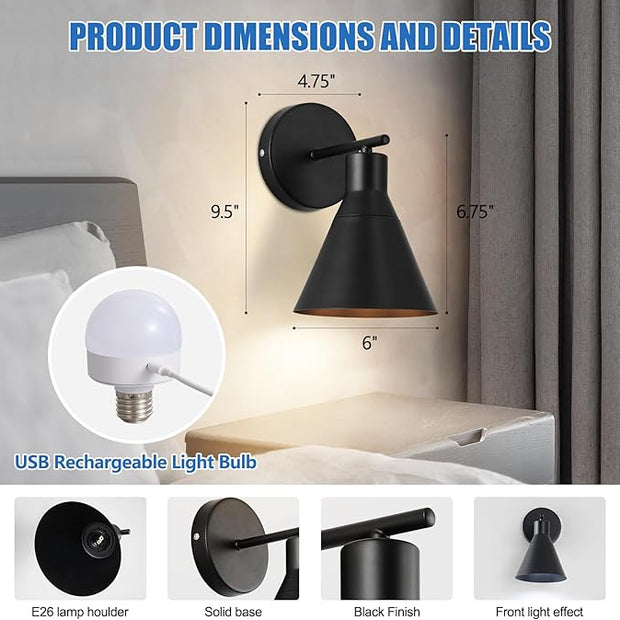 Modern Wireless Battery Operated Wall Sconces, Black Rechargeable Cordless LED Wall Lights Set of Two, Dimmable Battery Powered Wall Decor Lamp Fixture with Remote Control for Bedroom Indoor