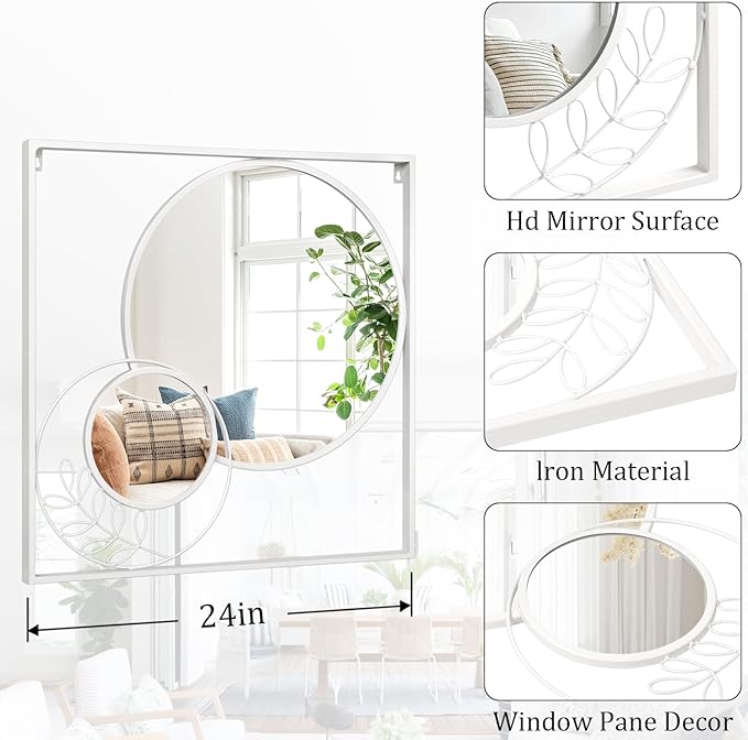 White Circle Wall Mirror, Square Wall Mounted Mirror Set Round Modern Art Decorative Mirrors for Living Room Bathroom 24x24 Inch Decor