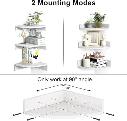 Alsonerbay White Corner Shelf Wall Mount, Set of 3 Floating Shelves for Storage and Display, Rustic Wood Shelves for Bedroom, Living Room, Bathroom, Entryway, Garage