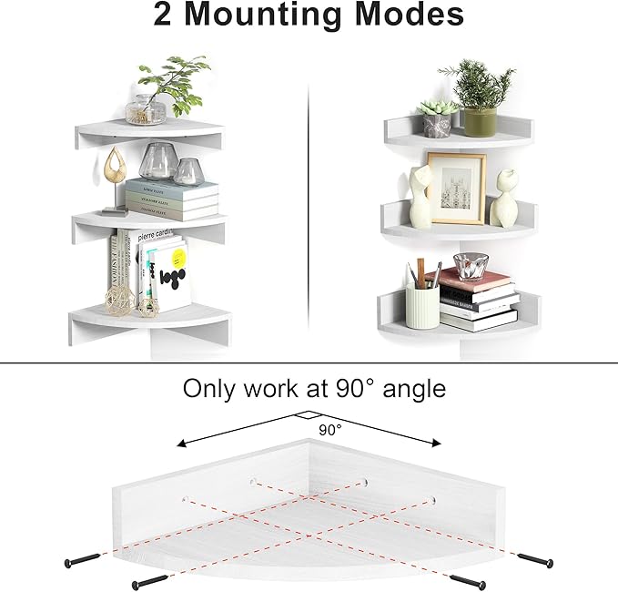 Alsonerbay White Corner Shelf Wall Mount, Set of 3 Floating Shelves for Storage and Display, Rustic Wood Shelves for Bedroom, Living Room, Bathroom, Entryway, Garage
