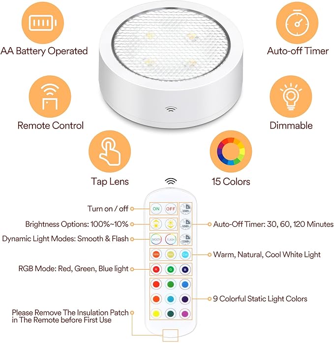 Puck Lights with Remote Control, Battery Operated Wireless Under Cabinet Lighting, RGBCW Stick On Tap Lights for Kitchen, Shelf, 4 Pack - White