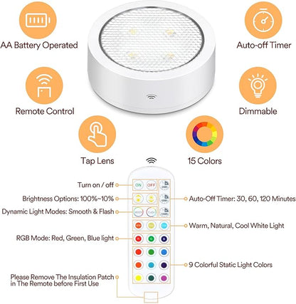 Puck Lights with Remote Control, Battery Operated Wireless Under Cabinet Lighting, RGBCW Stick On Tap Lights for Kitchen, Shelf, 4 Pack - White