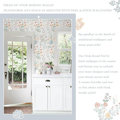 Floral Peel and Stick Wallpaper Vintage Wallpaper Colorful Wall Paper Wildflower Contact Paper for Cabinets Vinyl Renter Friendly Waterproof Self-Adhesive Bathroom Kitchen Bedroom 78.7"×17.3"