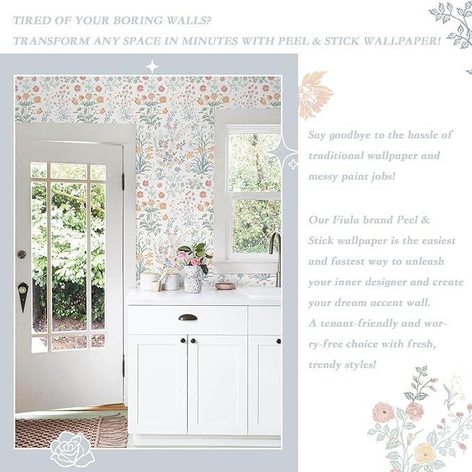 Floral Peel and Stick Wallpaper Vintage Wallpaper Colorful Wall Paper Wildflower Contact Paper for Cabinets Vinyl Renter Friendly Waterproof Self-Adhesive Bathroom Kitchen Bedroom 393"×17.3"