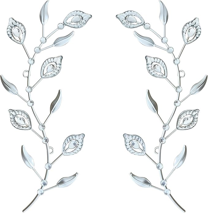 2 Pcs Metal Leaf Wall Art Crystal Bling Decorations Silver Leaves 3D Iron Handmade Home Decor Hanging Minimalist Accents Modern Set for Living Room Bathroom Bedroom Dining Room Hallway