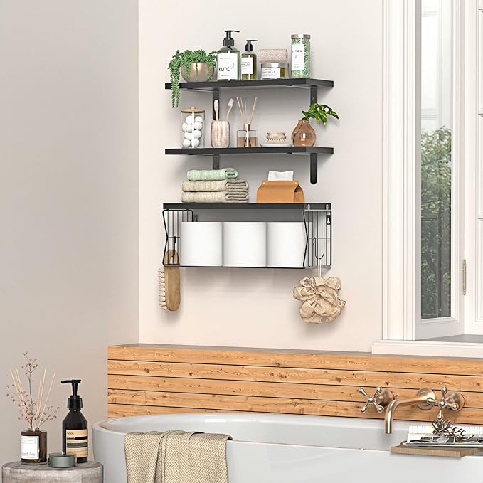 Floating Bathroom Shelves Wall Mounted - Wooden Shelf Set of 3 for Over Toilet Storage & Farmhouse Bathroom Decor - Perfect Shelving Organizer for Apartments RVs Powder Room Restroom - Rustic