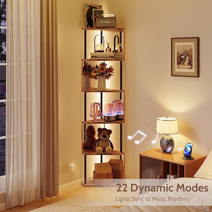 Industrial Corner Shelf with LED Lights & Mirror-Effect Panels, 6-Tier Modern Corner Bookshelf with Remote Control Color-Changing Lights, Space-Saving Display Unit for Bedroom & Living Room