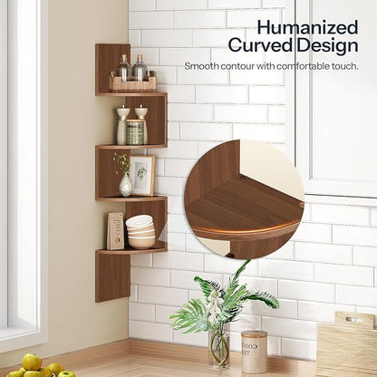 HOOBRO Corner Shelf Wall-Mounted, Set of 2 Floating Corner Shelves for Wall, 4-Tier Corner Bookshelves for Living Room, Bedroom, Bathroom, Home Office, Walnut WL25BJP201