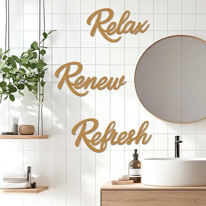 3 Pieces Bathroom Decor Rustic Bathroom Wall Art Wooden Bathroom Sign,Relax Renew Refresh Sign (Brown large)