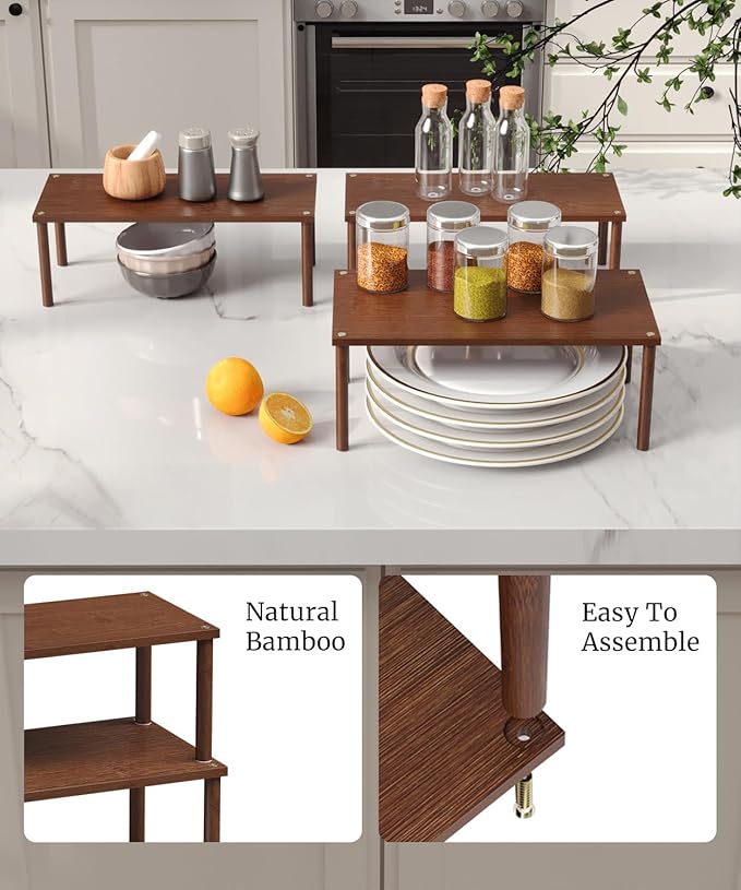 Cabinet Organizer Shelf(Set of 3),Bamboo Kitchen Counter Shelves for Countertop and Cabinet,Stackable Shelf Spice Racks,Large (Brown)