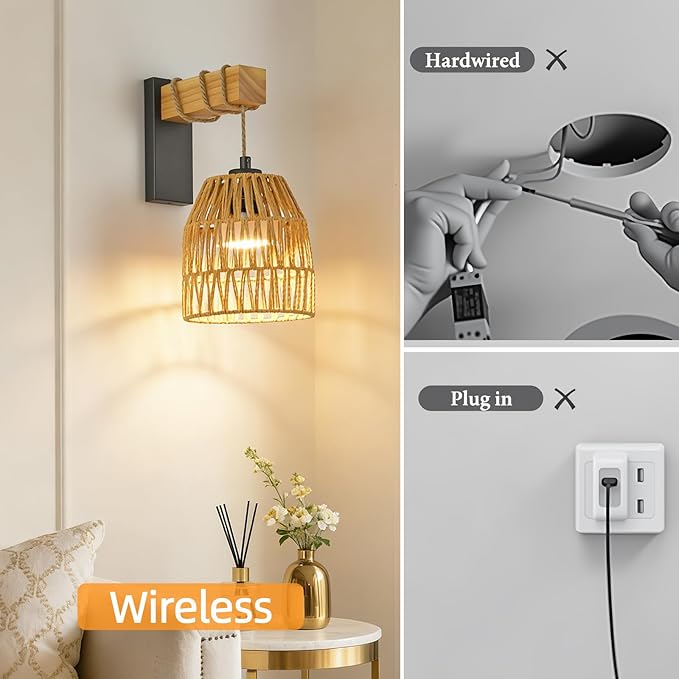 Battery Operated Wall Sconce Set of Two, Rattan Wall Sconces Battery Operated Set of 2, Boho Wall lights with Remote, Rechargeable Wall Sconce for Bedroom,Living Room, Entryway 15 Colors Dimmable