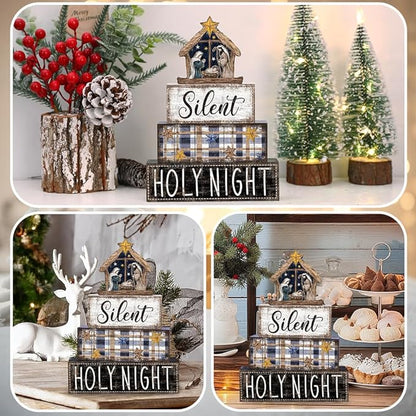 DIYDEC 4Pcs Christmas Table Decoration Christmas Jesus Wooden Block Sign Xmas Tiered Tray Decor Winter Centerpiece Decorative Sign for Holiday Tabletop Coffee Fireplace Shelf Desk Party Decor