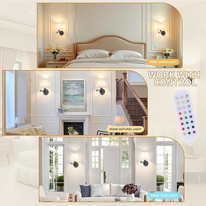Battery Operated Wall Sconces Set of Two, Wireless Black Wall Lights with 10000mAh RGB Rechargeable Bulb and Remote Control, Sconces Wall Decor for Bedroom Living Room 9.5 in