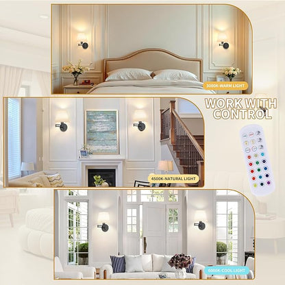 Battery Operated Wall Sconces Set of Two, Wireless Black Wall Lights with 10000mAh RGB Rechargeable Bulb and Remote Control, Sconces Wall Decor for Bedroom Living Room 9.5 in