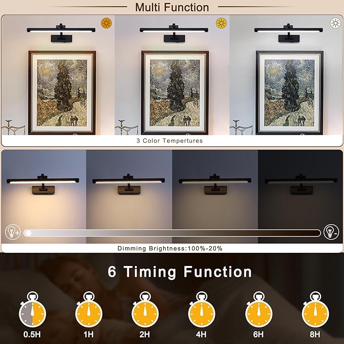 Black Picture Lights Battery Operated 16” Frame Light Rechargeable Gallery Lighting Remote Wireless Art Light for Painting Dimmable Display Lights with Timer Wall Sconce for Portrait Dartboard