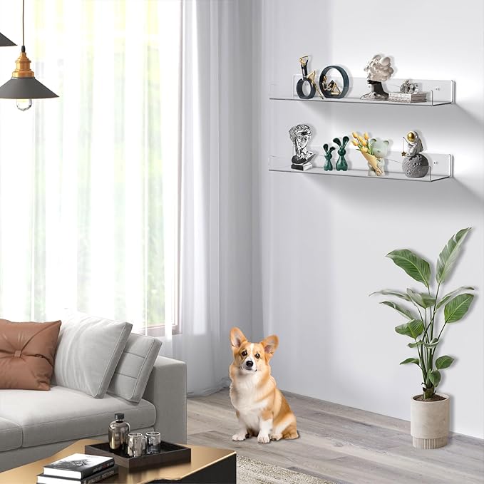 Wall Mount Acrylic Shelf 15 Inch Floating Shelf for Wall Decor Plants Books Records Heavy Duty Clear Display Shelf Bathroom Bedroom Living Room Storage Organization (6, Clear)