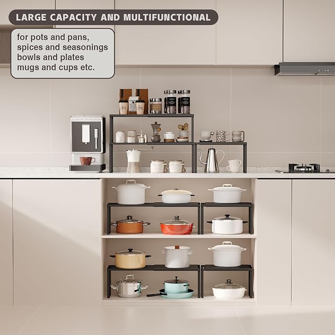 Expandable Cabinet Shelf Organizer, 1 Pack Stackable Kitchen Counter Shelf Riser, Metal Spice Rack Adjustable Heavy Duty Countertop Organizer Storage for Kitchen, Pantry, Cupboard, Rv (Black)