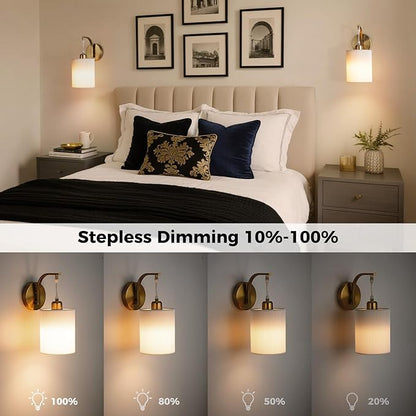 Battery Operated Wall Sconce Set of Two, Pleated Fabric Rechargeable Wireless Wall Sconces with 13000mAh Bulb & Dimmable, Battery Sconces Wall Light Decor Set of 2 for Living Room, Gold