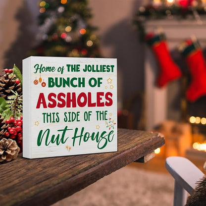 Funny Christmas Decor, Christmas Home Decorations, Home of the Jolliest Wooden Sign Rustic Home Shelf Office Decor 5 x 5 Inches