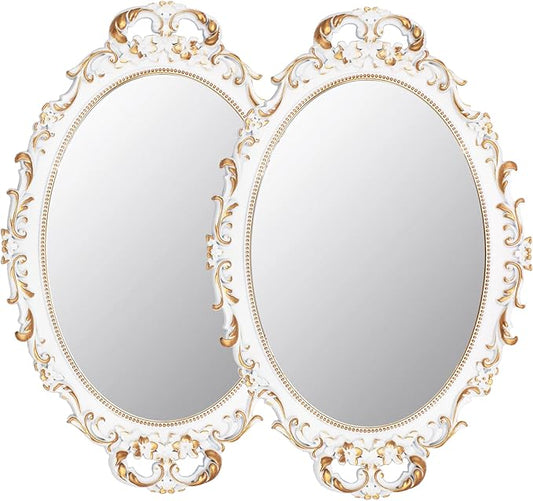 2 Pack - Vintage Decorative White Framed Mirror, Wall Hanging Mirrors & Tabletop Tray for Bedroom Living Room Dresser Decor, Oval- 9.6" W x 14.3" L (WHITE-2PACK)