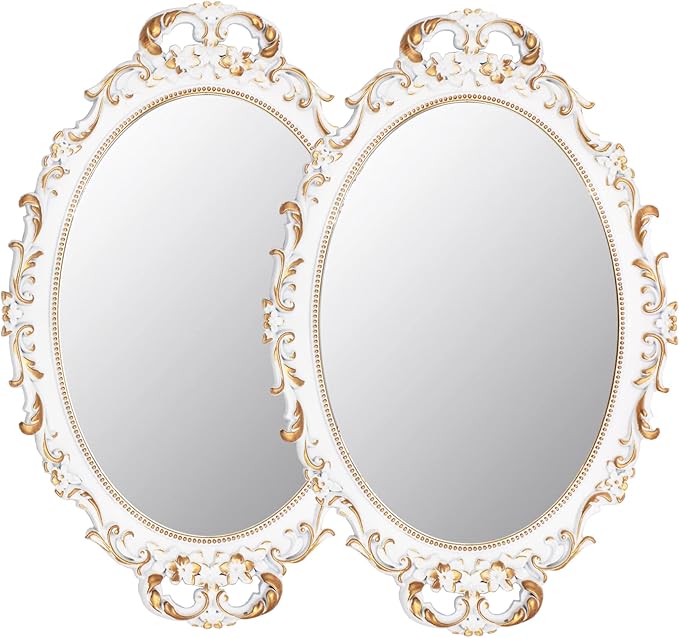 2 Pack - Vintage Decorative White Framed Mirror, Wall Hanging Mirrors & Tabletop Tray for Bedroom Living Room Dresser Decor, Oval- 9.6" W x 14.3" L (WHITE-2PACK)