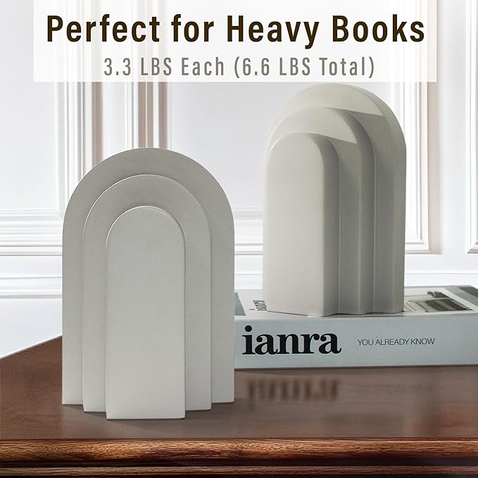 Heavy Duty Book Ends for Shelves, Decorative Bookends for Heavy Books Set of 2, 6.6 LBS Modern Book Stopper for Home Decor, Bookshelf, Aesthetic Bookend with Layered Arch Design, Gray
