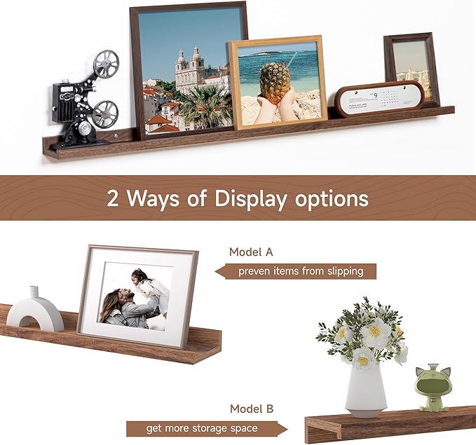 Fun Memories Picture Ledge Shelf, 48 Inch Floating Shelves Set of 2, Large Nursery Book Shelves for Toys Storage, Kids Bookshelf Wall Mounted for Wall Decor Books Photo Frames, Walnut