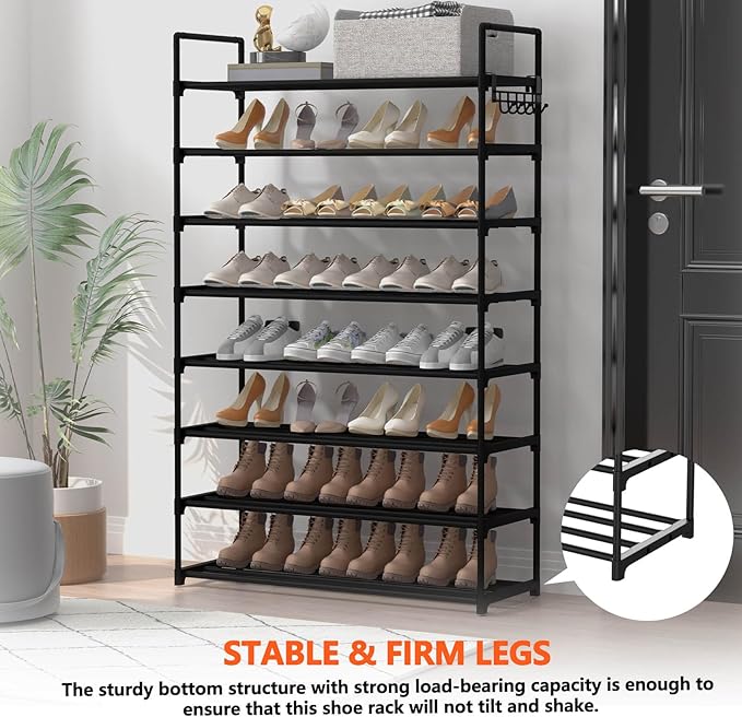 8 Tiers Metal Shoe Rack,Adjustable Shoe Shelf Storage Organizer with Hooks,Stackable Boot & Shoe Storage,for Entryway,Hallway,Closet,Black