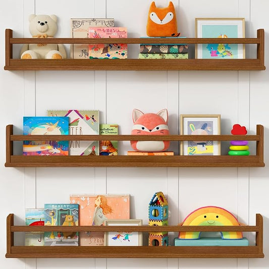 Dark Wood Wall Bookshelf for Kids Bedroom, 36 Inch Floating Nursery Bookshelf for Baby Girl Boy Room, Wooden Hanging Toddler Book Shelves for Wall (36 inch, Walnut Brown, 3-Pack)