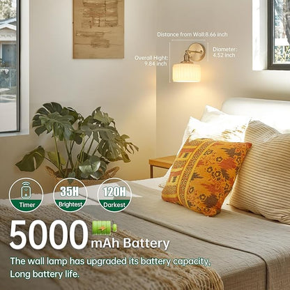 Vintage Battery Operated Wall Sconce with White Striped Glass Lampshade 5000 mAh Rechargeable Battery Powered Wall Light with Remote Control for Bedside Bedroom Doorway
