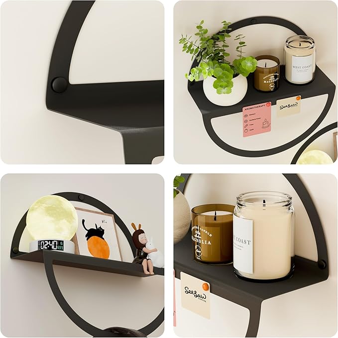 Floating Wall Shelves Set of 2, 11.8 Inch Round Metal Shelves for Wall Decor, One-Tier Small Display Shelf for Bedroom, Living Room, Bathroom, Kitchen Storage & Decoration, Black