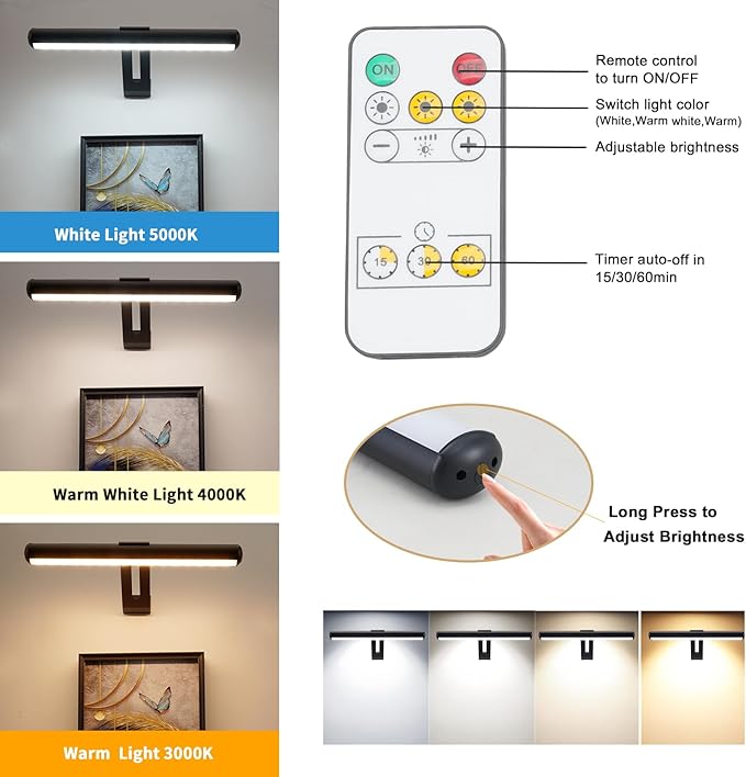 Picture Light 2 Pack, Rechargeable Picture Light for Paintings with Remotes, Wireless Picture Frame Light, 3 Lighting, 300LM Battery Operated Art Light for Display, Picture-Black