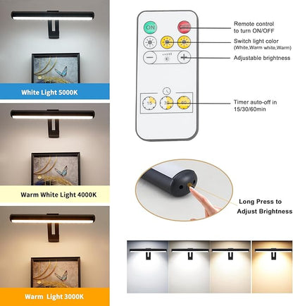 Picture Light 2 Pack, Rechargeable Picture Light for Paintings with Remotes, Wireless Picture Frame Light, 3 Lighting, 300LM Battery Operated Art Light for Display, Picture-Black
