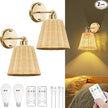 Frideko Rattan Rechargeable Battery Operated Wall Sconces Set of Two with Remote, 3 Colors Dimmable Wireless Wall Light, 5200mAh Indoor Wall Lamp with 4 Timer, Boho Sconces Wall Lighting for Bedroom