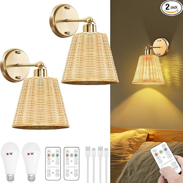 Frideko Rattan Rechargeable Battery Operated Wall Sconces Set of Two with Remote, 3 Colors Dimmable Wireless Wall Light, 5200mAh Indoor Wall Lamp with 4 Timer, Boho Sconces Wall Lighting for Bedroom