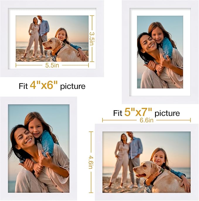 Vittanly 5x7 Picture Frame Set of 4, Display Pictures 4x6 with Mat or 5x7 without Mat, Engineered Wood with Shatter Resistant Plexiglass, Small Photo Frames for Wall or Tabletop Display, White