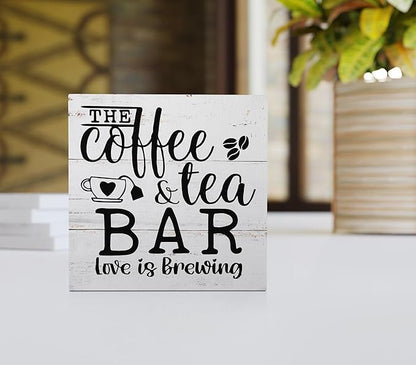 The Coffee and Tea Bar Love is Brewing Wood Box Sign Desk Decor,Rustic Wooden Block Sign Decorations for Home Kitchen Office Coffee and Tea Bar Wall Tabletop Shelf Decor