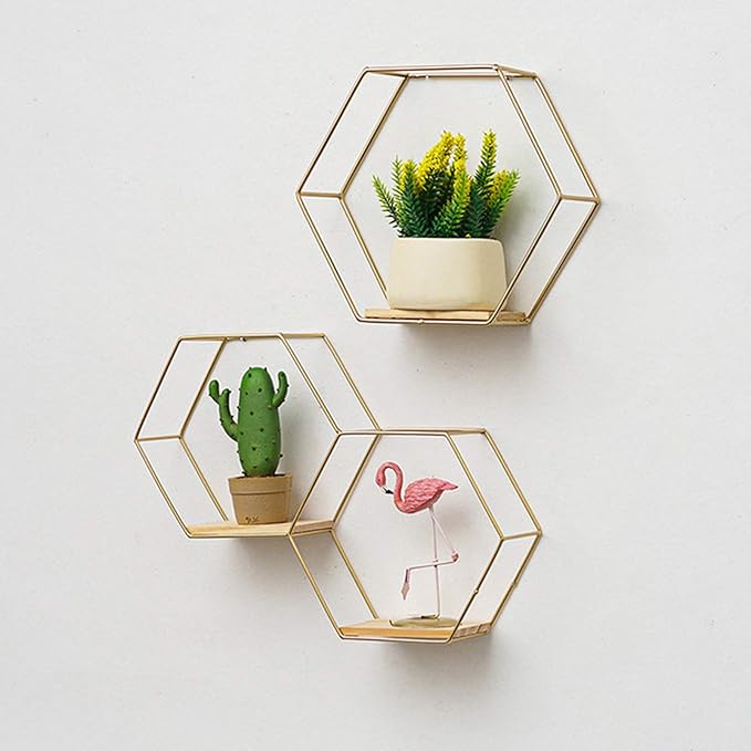 Hexagon Floating Wood Book Shelves, Iron Storage Holder Wall-Mounted Multifunctional Nordic Style Geometric Firm Hexagonal Shelf for Home Bedroom Bathroom Black L1