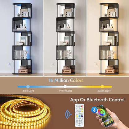 Industrial Corner Shelf with LED Lights & Mirror-Effect Panels, 6-Tier Modern Corner Bookshelf with Remote Control Color-Changing Lights, Space-Saving Display Unit for Bedroom & Living Room