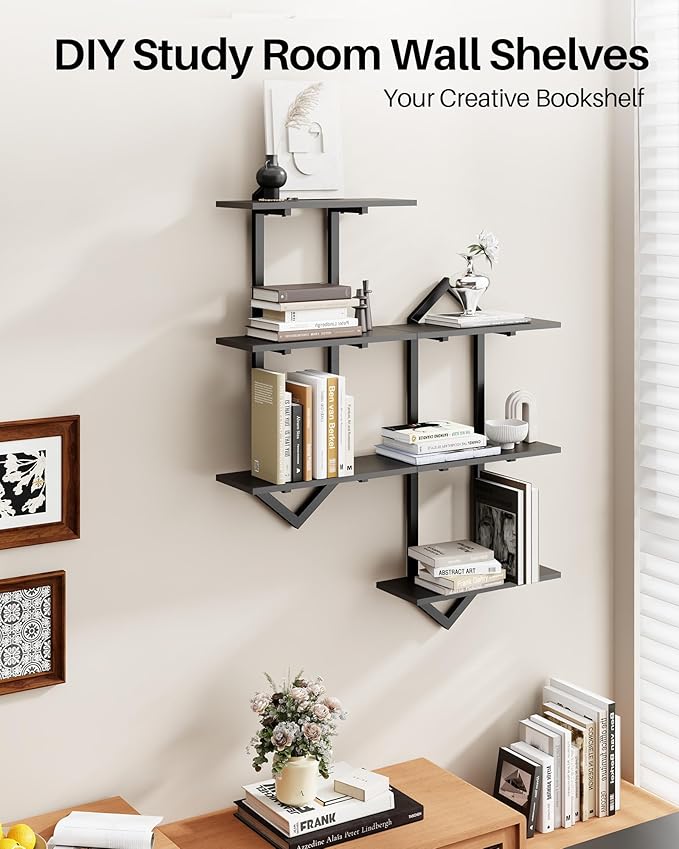 3 Tier Floating Shelves, Set of 2 Wall Shelves for Living Room, Modern Geometric Wooden Shelf for Wall Decor, Hanging Storage Shelf for Bedroom Bathroom Kitchen Home Office (Black)