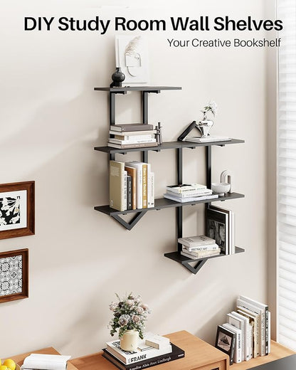 3 Tier Floating Shelves, Set of 2 Wall Shelves for Living Room, Modern Geometric Wooden Shelf for Wall Decor, Hanging Storage Shelf for Bedroom Bathroom Kitchen Home Office (Black)
