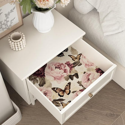 Butterfly Floral Wallpaper Peel and Stick, Vintage Beige/Pink Contact Paper 17.5" x 393", Boho Flower Wall Paper Self Adhesive Waterproof Removable for Bathroom Shelves Cabinet Drawer Table Decor