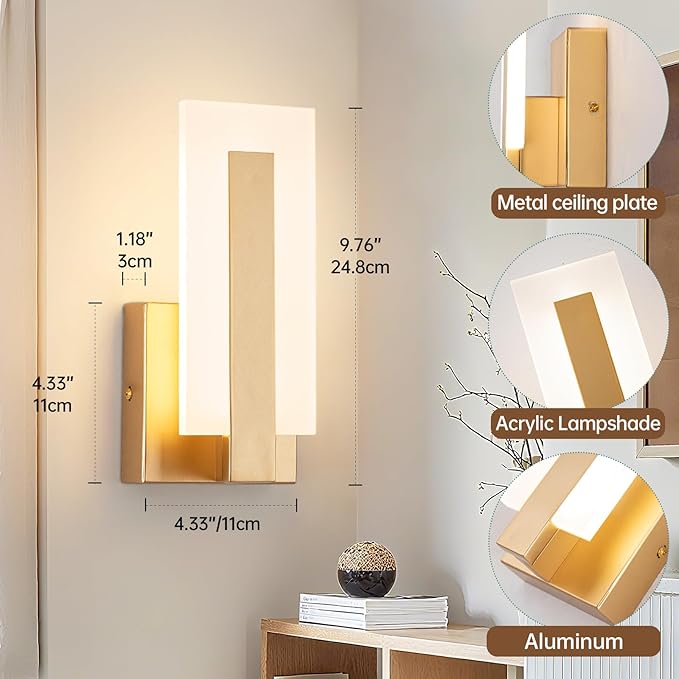 Modern LED Wall Sconces, Acrylic Gold Wall Lamp, 3000K Warm White Indoor Wall Light, Hardwired Wall Mount Lighting Fixture for Hallway, Bedroom, Study, Living Room